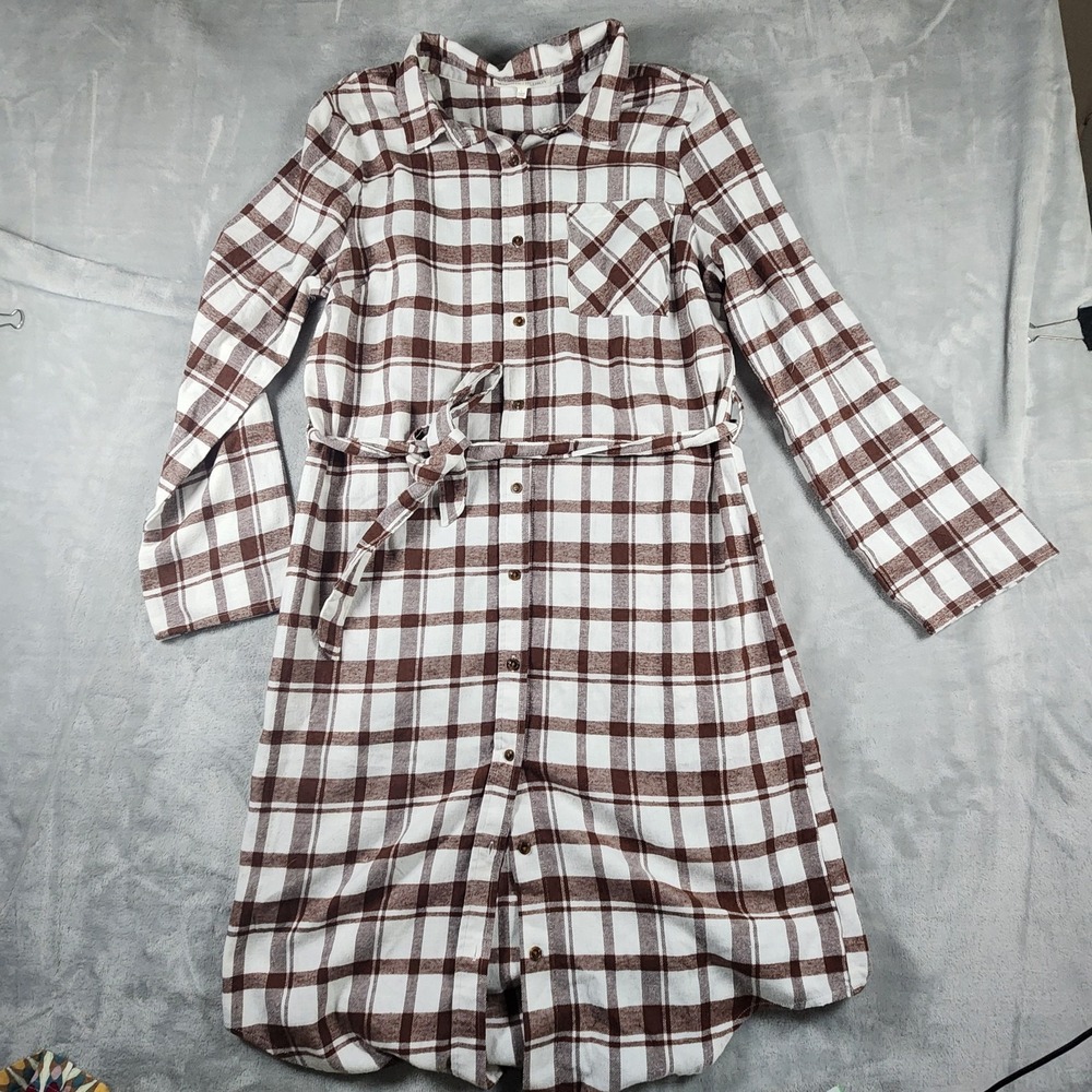 Madison & Hudson Plaid Flannel Shirt Dress Sz L Cottagecore Midi Button Down